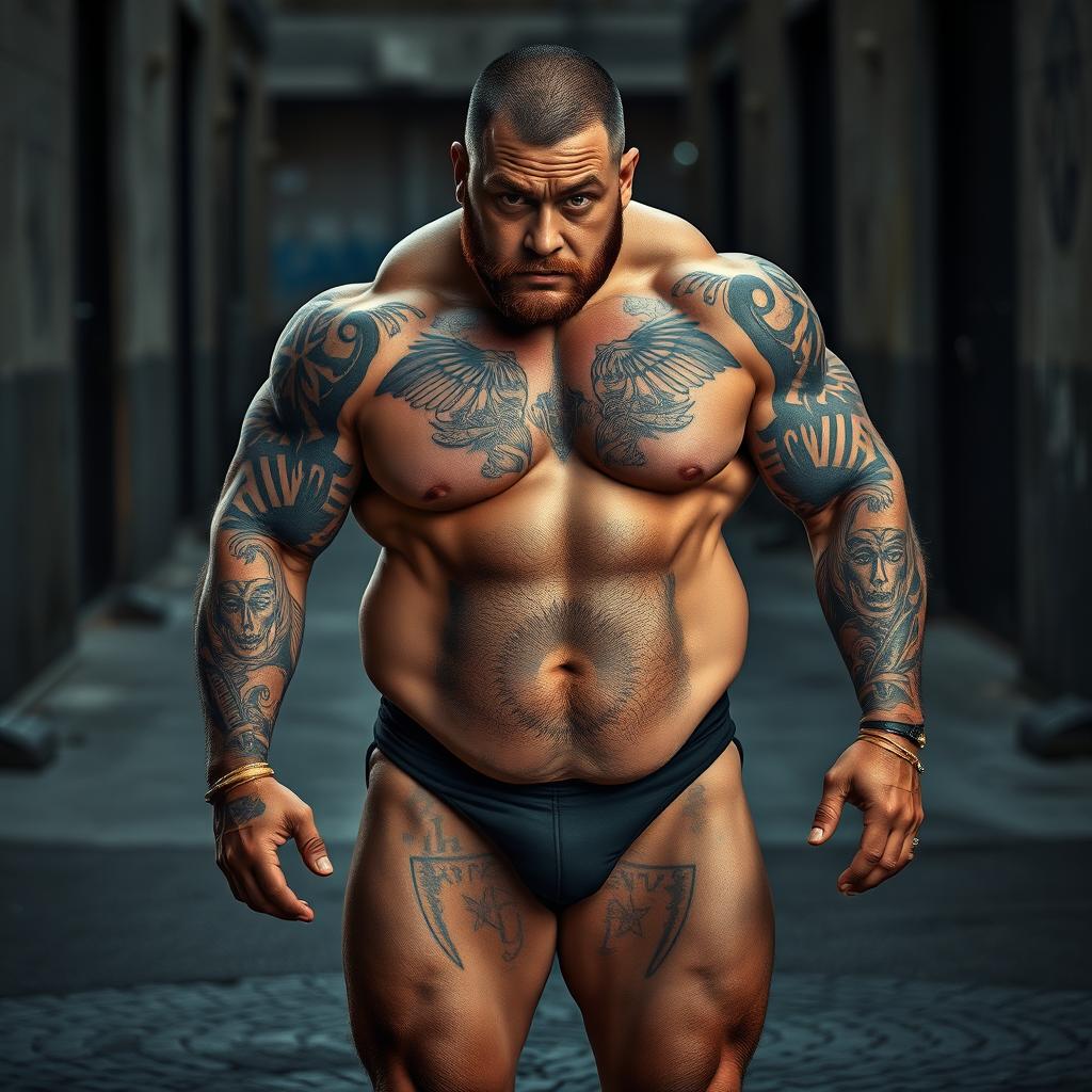 A muscular man weighing 140 kg, showcasing a knife mark on his eye