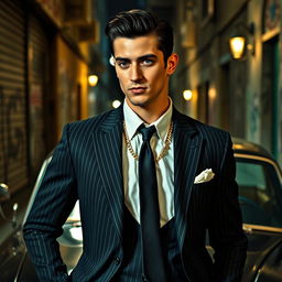 A 24-year-old gangster in a stylish, urban setting