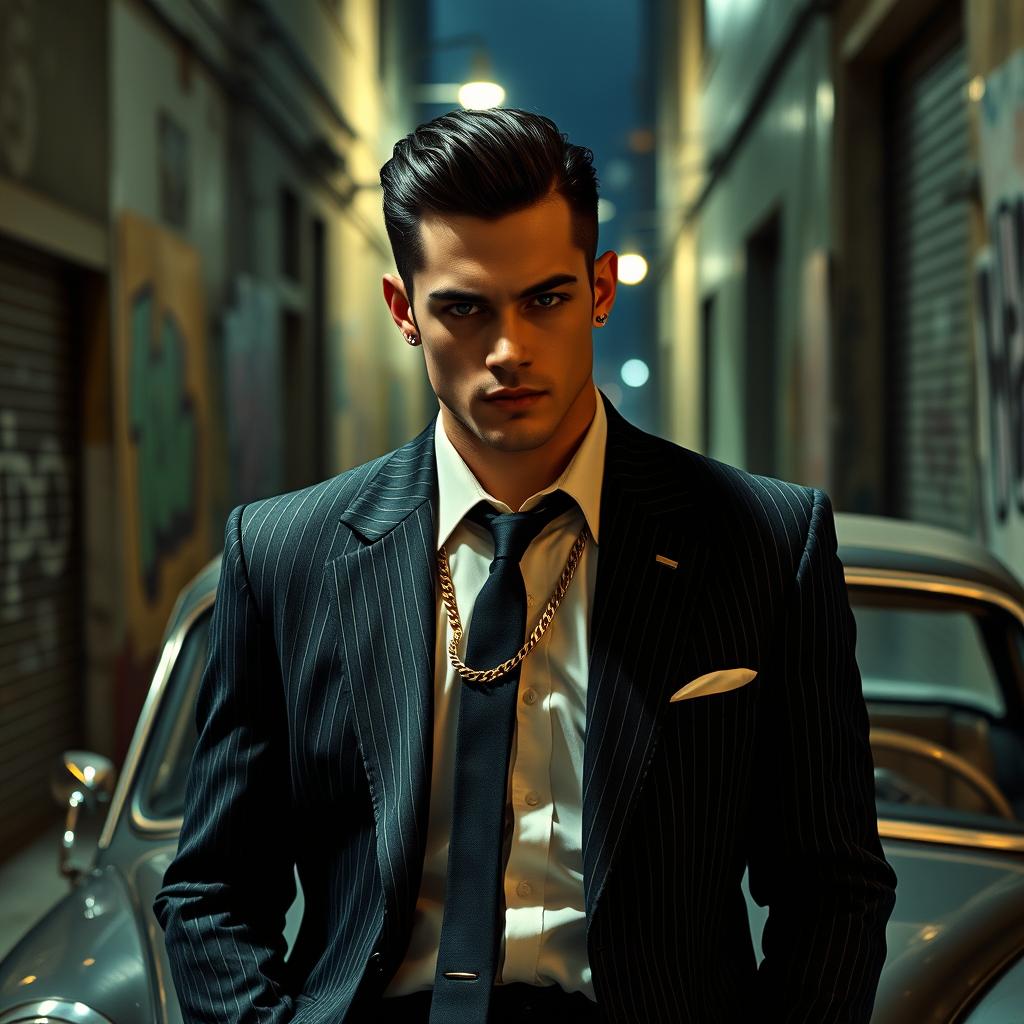 A 24-year-old gangster in a stylish, urban setting