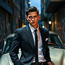 A 24-year-old gangster in a stylish, urban setting