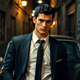 A 24-year-old gangster in a stylish, urban setting