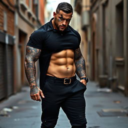 A muscular man weighing 140 kg with a knife mark on his eye, wearing stylish Adidas shoes