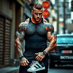 A muscular man weighing 140 kg with a knife mark on his eye, wearing stylish Adidas shoes