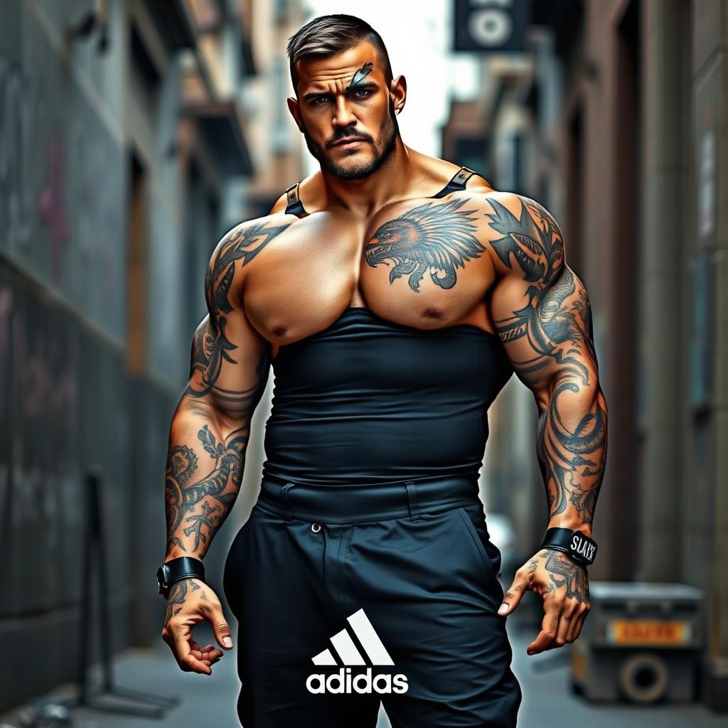A muscular man weighing 140 kg with a knife mark on his eye, wearing stylish Adidas shoes