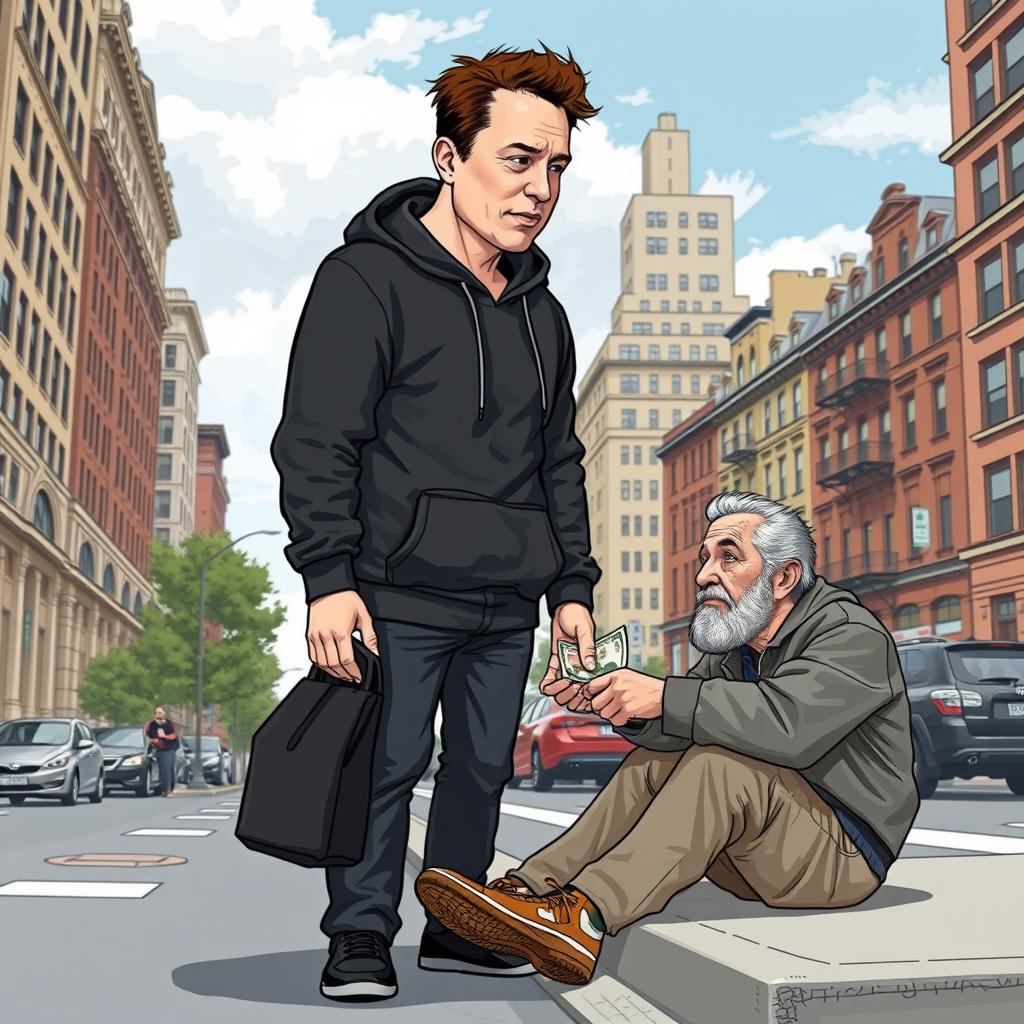 Elon Musk, depicted as a tall, slender male figure in a black hoodie, engaging in a charitable act by giving money to a homeless person on the street