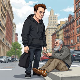 Elon Musk, depicted as a tall, slender male figure in a black hoodie, engaging in a charitable act by giving money to a homeless person on the street