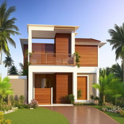 A well-arranged 3BHK house located in a plot of land measuring 12 meters by 7 meters, showcasing spacious interiors, a living room, bedrooms, a kitchen, bathrooms, and a balcony, with aesthetic landscaping.