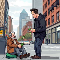 Elon Musk, depicted as a tall, slender male figure in a black hoodie, engaging in a charitable act by giving money to a homeless person on the street