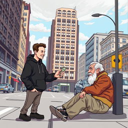 Elon Musk, depicted as a tall, slender male figure in a black hoodie, engaging in a charitable act by giving money to a homeless person on the street