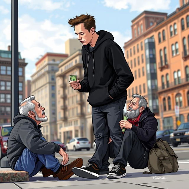Elon Musk, depicted as a tall, slender male figure in a black hoodie, engaging in a charitable act by giving money to a homeless person on the street