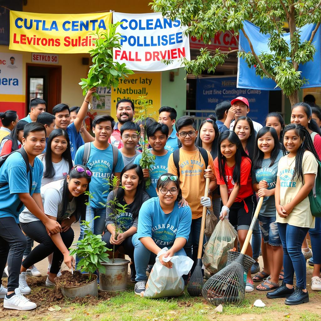 A group of diverse students engaged in various civic activities and community services, demonstrating teamwork and involvement in nation building