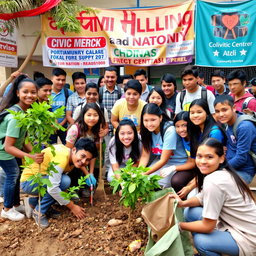 A group of diverse students engaged in various civic activities and community services, demonstrating teamwork and involvement in nation building