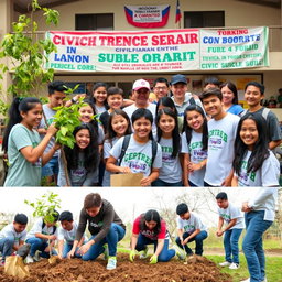 A group of diverse students engaged in various civic activities and community services, demonstrating teamwork and involvement in nation building