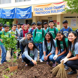 A group of diverse students engaged in various civic activities and community services, demonstrating teamwork and involvement in nation building
