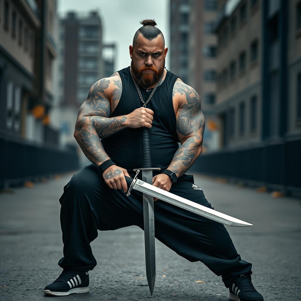 A 140 kg man with tattoos all over his body, wearing black clothes and trousers, confidently posing with a sword, his intense gaze focused forward