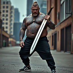 A 140 kg man with tattoos all over his body, wearing black clothes and trousers, confidently posing with a sword, his intense gaze focused forward