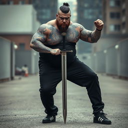 A 140 kg man with tattoos all over his body, wearing black clothes and trousers, confidently posing with a sword, his intense gaze focused forward