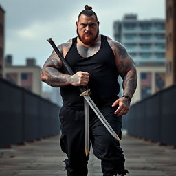 A 140 kg man with tattoos all over his body, wearing black clothes and trousers, confidently posing with a sword, his intense gaze focused forward