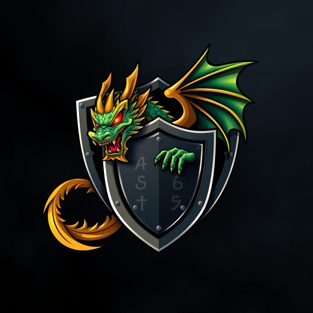 A stylized gaming logo featuring a fierce dragon bursting through a shield, with its scales shimmering in shades of emerald green and gold