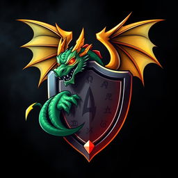 A stylized gaming logo featuring a fierce dragon bursting through a shield, with its scales shimmering in shades of emerald green and gold