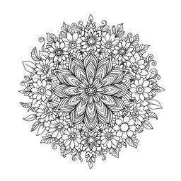 An intricate coloring book page designed for adults featuring a beautifully detailed mandala pattern surrounded by flowers, abstract shapes, and playful designs