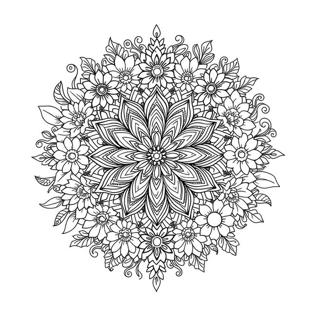 An intricate coloring book page designed for adults featuring a beautifully detailed mandala pattern surrounded by flowers, abstract shapes, and playful designs