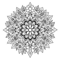 An intricate coloring book page designed for adults featuring a beautifully detailed mandala pattern surrounded by flowers, abstract shapes, and playful designs
