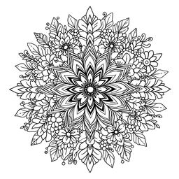 An intricate coloring book page designed for adults featuring a beautifully detailed mandala pattern surrounded by flowers, abstract shapes, and playful designs