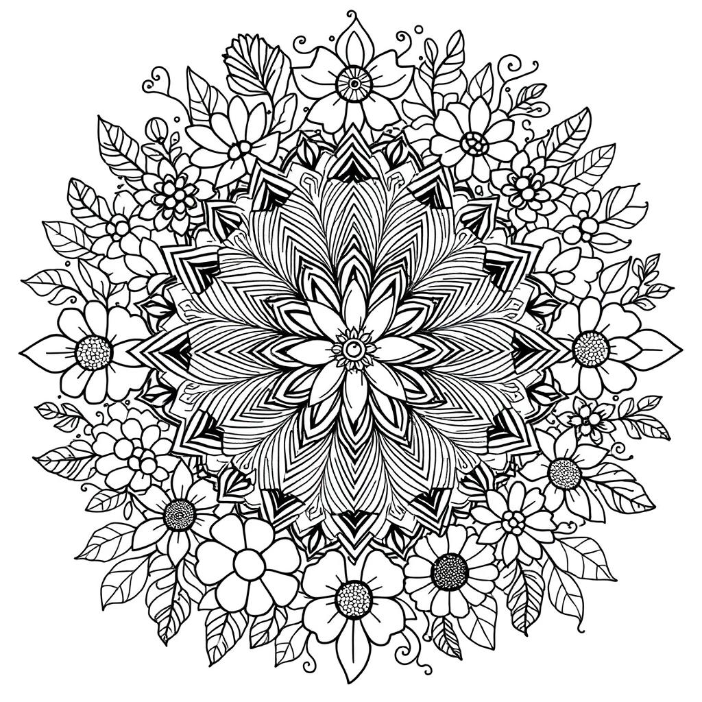 An intricate coloring book page designed for adults featuring a beautifully detailed mandala pattern surrounded by flowers, abstract shapes, and playful designs