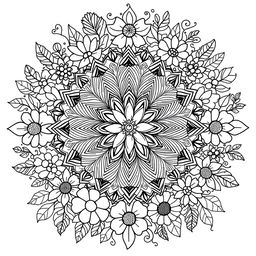 An intricate coloring book page designed for adults featuring a beautifully detailed mandala pattern surrounded by flowers, abstract shapes, and playful designs