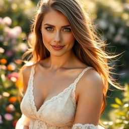 A close-up portrait of a beautiful woman with long flowing hair, wearing a delicate lace dress that reveals a hint of skin beneath