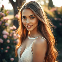 A close-up portrait of a beautiful woman with long flowing hair, wearing a delicate lace dress that reveals a hint of skin beneath