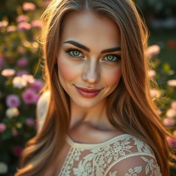 A close-up portrait of a beautiful woman with long flowing hair, wearing a delicate lace dress that reveals a hint of skin beneath