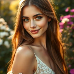 A close-up portrait of a beautiful woman with long flowing hair, wearing a delicate lace dress that reveals a hint of skin beneath