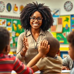 A scene depicting an inspiring female teacher in a classroom setting