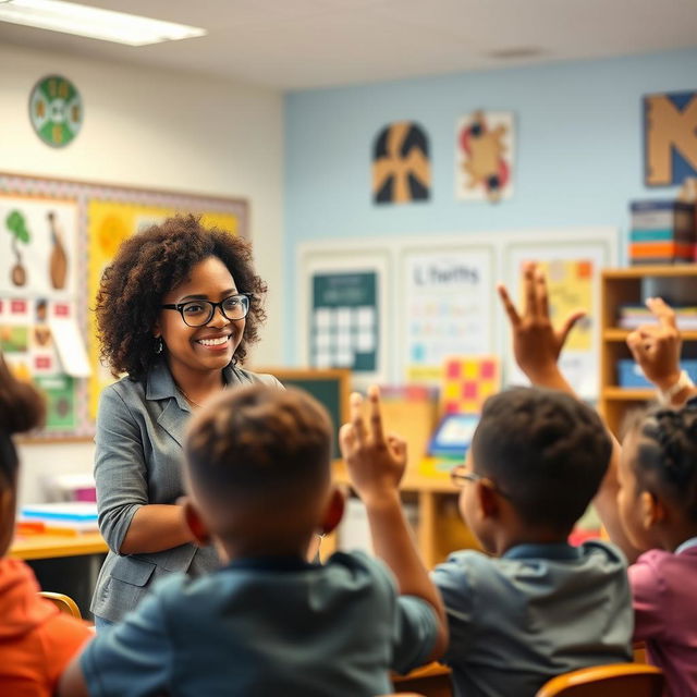 A scene depicting an inspiring female teacher in a classroom setting