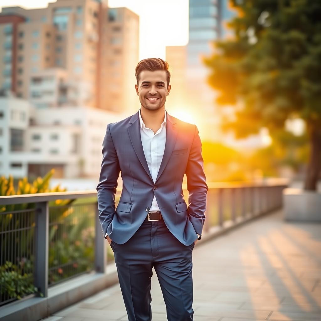 A confident man dressed in a sleek, casual suit, standing in an urban environment