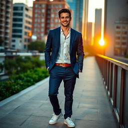 A confident man dressed in a sleek, casual suit, standing in an urban environment