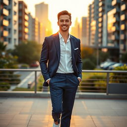 A confident man dressed in a sleek, casual suit, standing in an urban environment