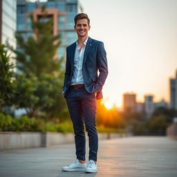 A confident man dressed in a sleek, casual suit, standing in an urban environment