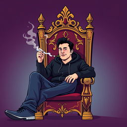 A stylized vector illustration of a man resembling Elon Musk, wearing a black hoodie, sitting confidently on an ornate king throne