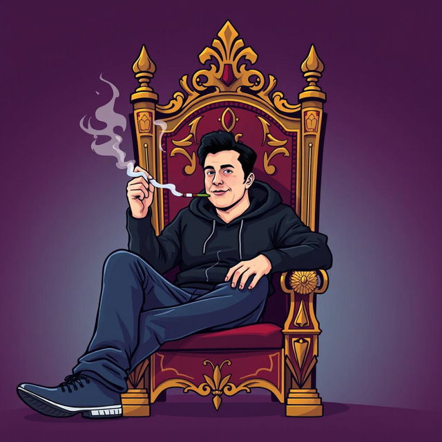 A stylized vector illustration of a man resembling Elon Musk, wearing a black hoodie, sitting confidently on an ornate king throne