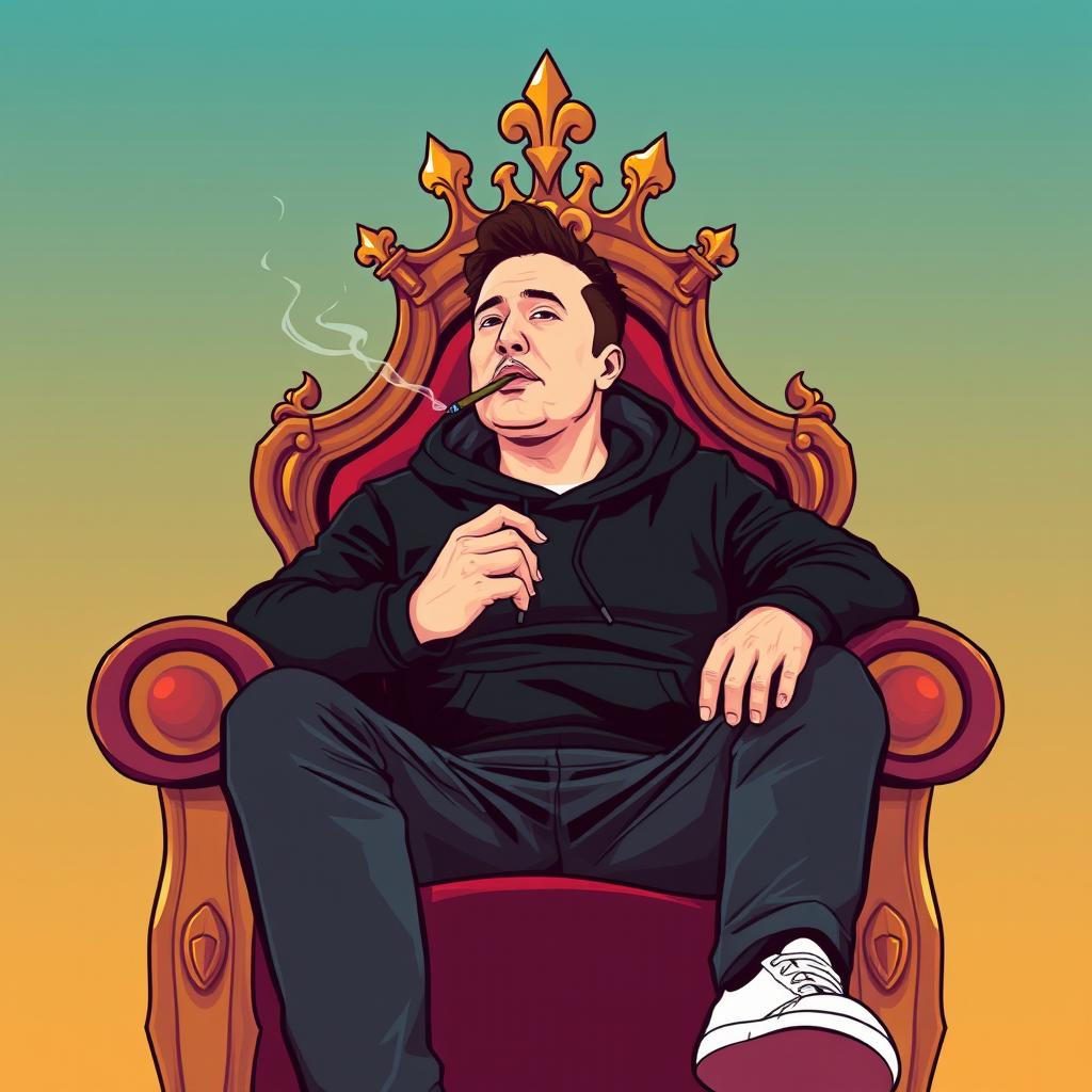 A stylized vector illustration of a man resembling Elon Musk, wearing a black hoodie, sitting confidently on an ornate king throne