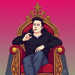 A stylized vector illustration of a man resembling Elon Musk, wearing a black hoodie, sitting confidently on an ornate king throne