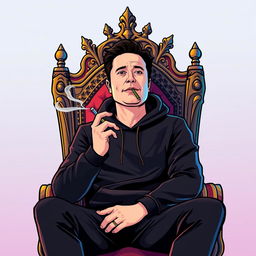 A stylized vector illustration of a man resembling Elon Musk, wearing a black hoodie, sitting confidently on an ornate king throne