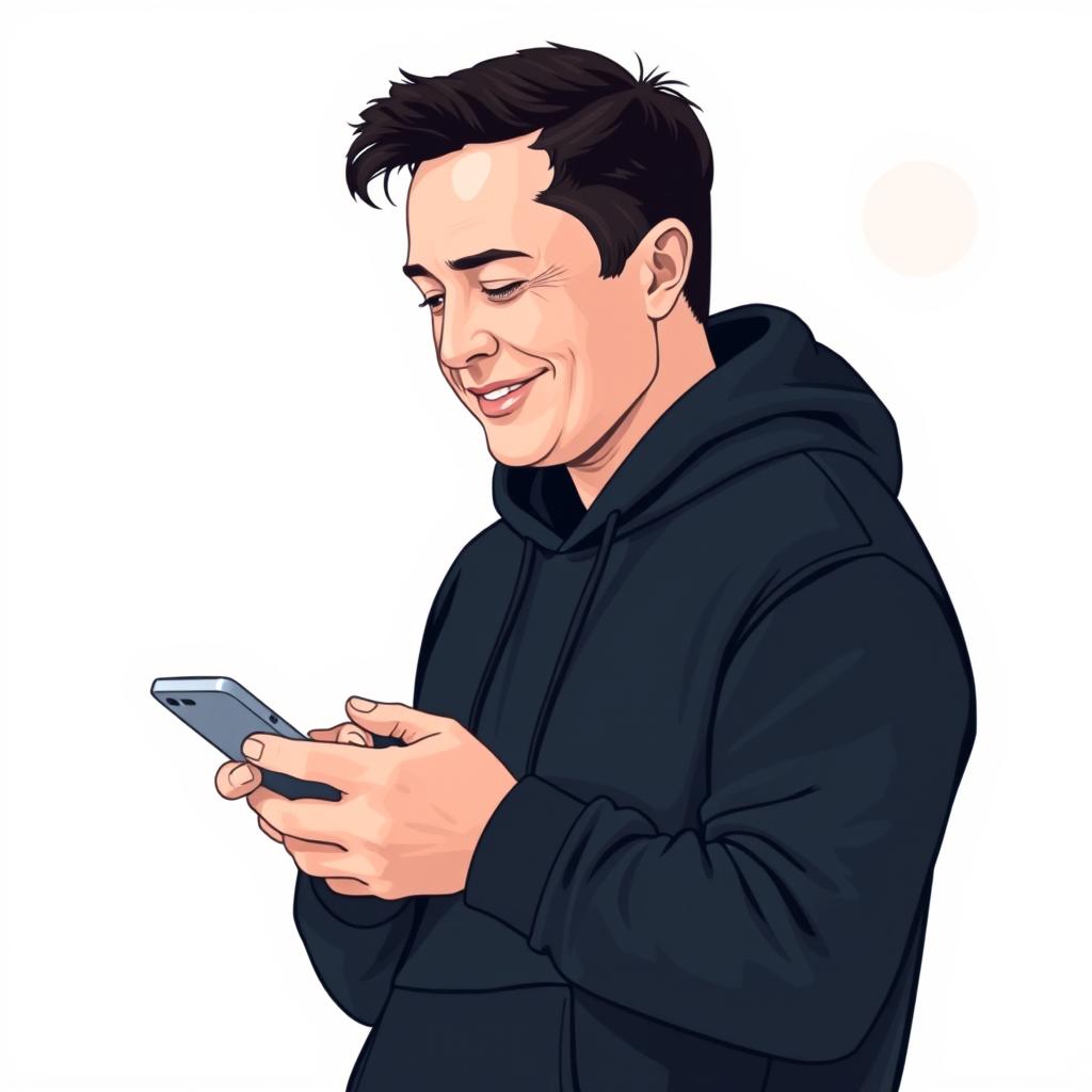 A vector style illustration of Elon Musk dressed in a black hoodie, casually using a smartphone