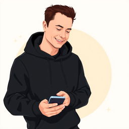 A vector style illustration of Elon Musk dressed in a black hoodie, casually using a smartphone