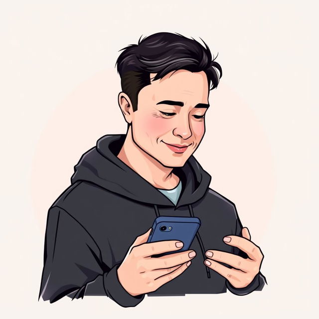 A vector style illustration of Elon Musk dressed in a black hoodie, casually using a smartphone