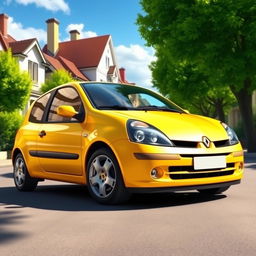 A detailed and realistic image of a 2004 Renault Clio, showcasing its distinctive features such as the sleek body design, modern headlights, and stylish alloy wheels