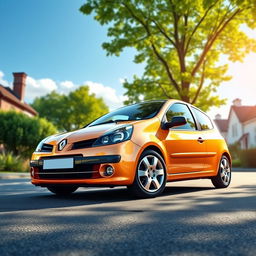 A detailed and realistic image of a 2004 Renault Clio, showcasing its distinctive features such as the sleek body design, modern headlights, and stylish alloy wheels